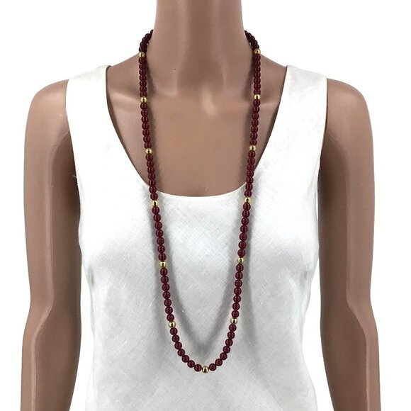 Trifari Beaded Necklace Dark Red Gold Tone 37 Inch Length - Picture 2 of 3